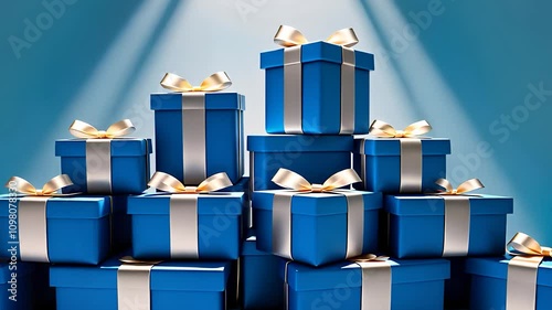 Stack of Blue Gift Boxes with Ribbons Under Spotlights

 photo