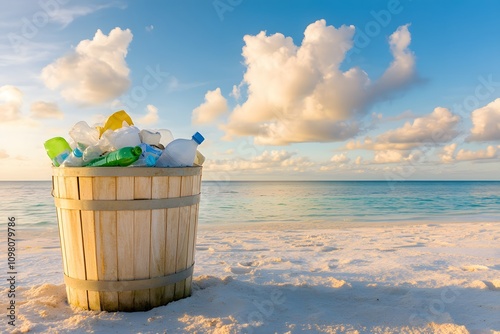 A trash can on the beach is overflowing with garbage, while plastic bottles and paper bags are scattered around it. The sky above features white clouds against an ocean backdrop photo