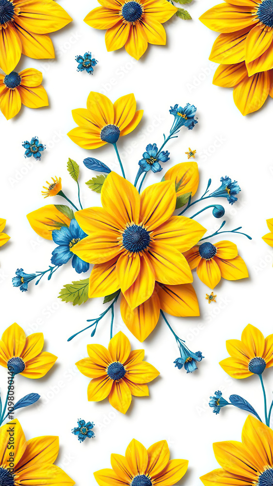 Fototapeta premium Sunny yellow and deep blue floral pattern on a white surface, repeat, fashion, digital print