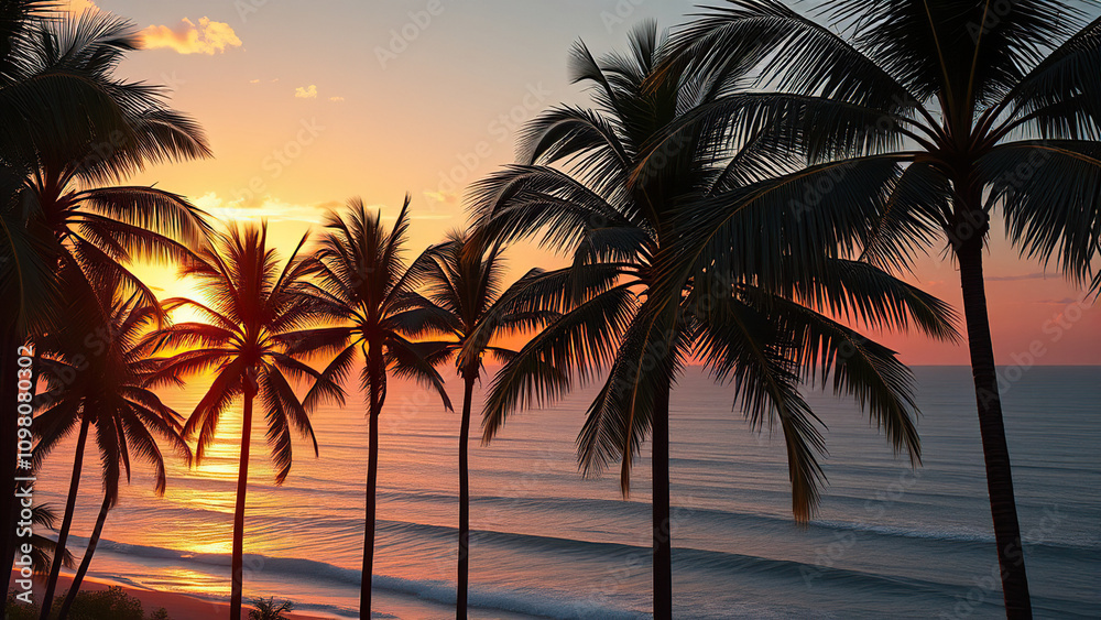 Fototapeta premium Sunset over the ocean with palm trees in the foreground, nature, sunset, tropical