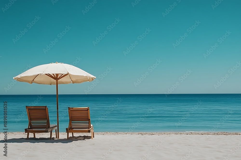 Obraz premium Peaceful Coastal Escape Beach Chairs, Umbrella, Sunny Seascape