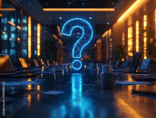 Glowing Blue Question Mark Floating Above Business Conference Table with Laptops and Documents