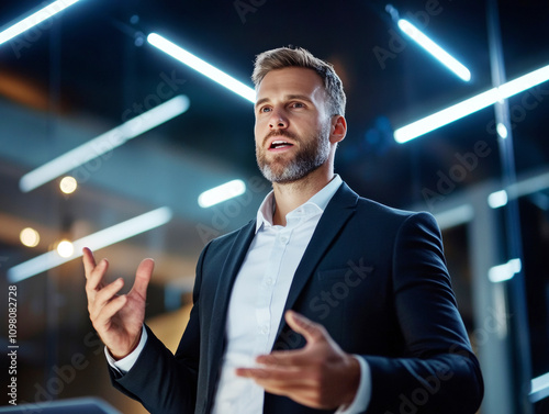 Confident sales manager delivering a presentation or business pitch in a modern office
