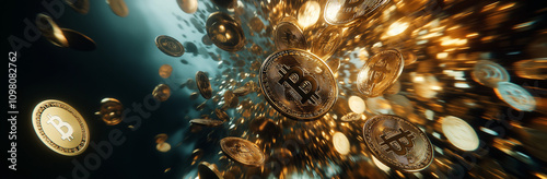 cryptocurrency coins breaking through price charts, Bitcoin, Ethereum and altcoins soaring upward, glowing golden and silver metallic textures, hyperdetailed 3D rendering, dramatic lighting