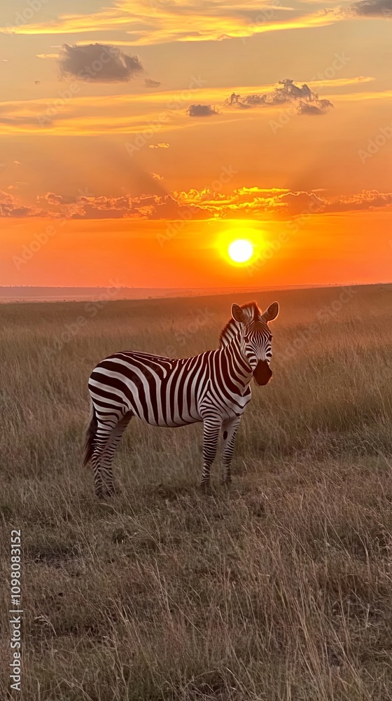 Obraz premium Zebra Standing in Grassland at Sunset