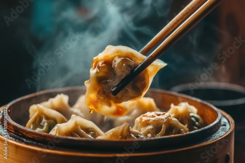 Delicious dumpling held up by chopsticks, dripping with soy sauce, featured in an image photo