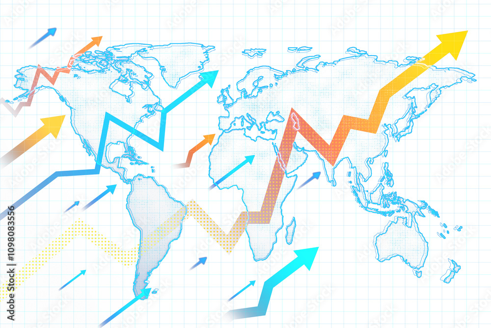 Obraz premium World map with colorful upward arrows and graph lines, placed on a white grid background, representing growth and progress concept. 3D Rendering.