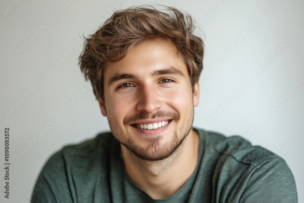 Fototapeta premium Young Male Smiling Brightly in Front of a Solid Background