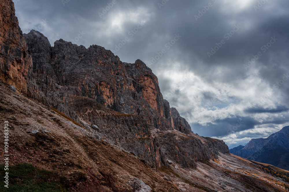 Panoramic view of the Rosengarten group, mountains in the Dolomites in Italy. Panoramic view of the Rosengarten group, mountains in the Dolomites in Italy.