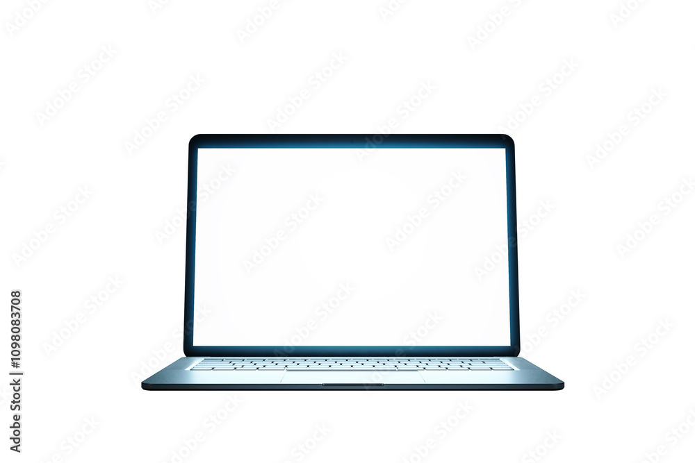Minimalistic laptop with blank screen, isolated on a white background. Clean and modern design concept for technology or branding layout. 3D Rendering.