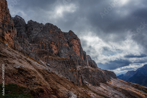 Panoramic view of the Rosengarten group, mountains in the Dolomites in Italy.