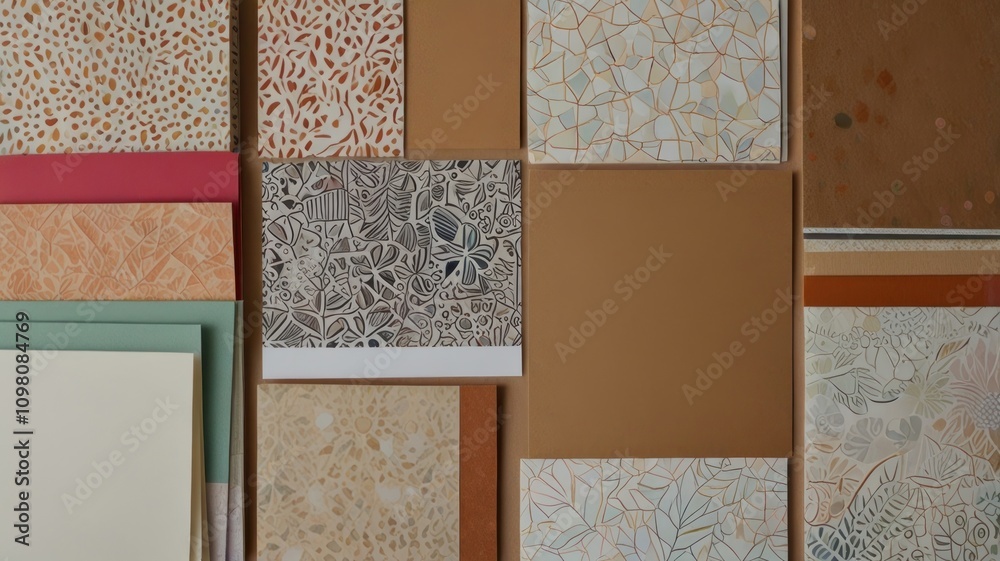 Fototapeta premium Flatlay of textured papers and cardstock samples in earthy tones.