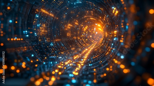 A cross-section illustration of underground fiber optic cables beneath a bustling city