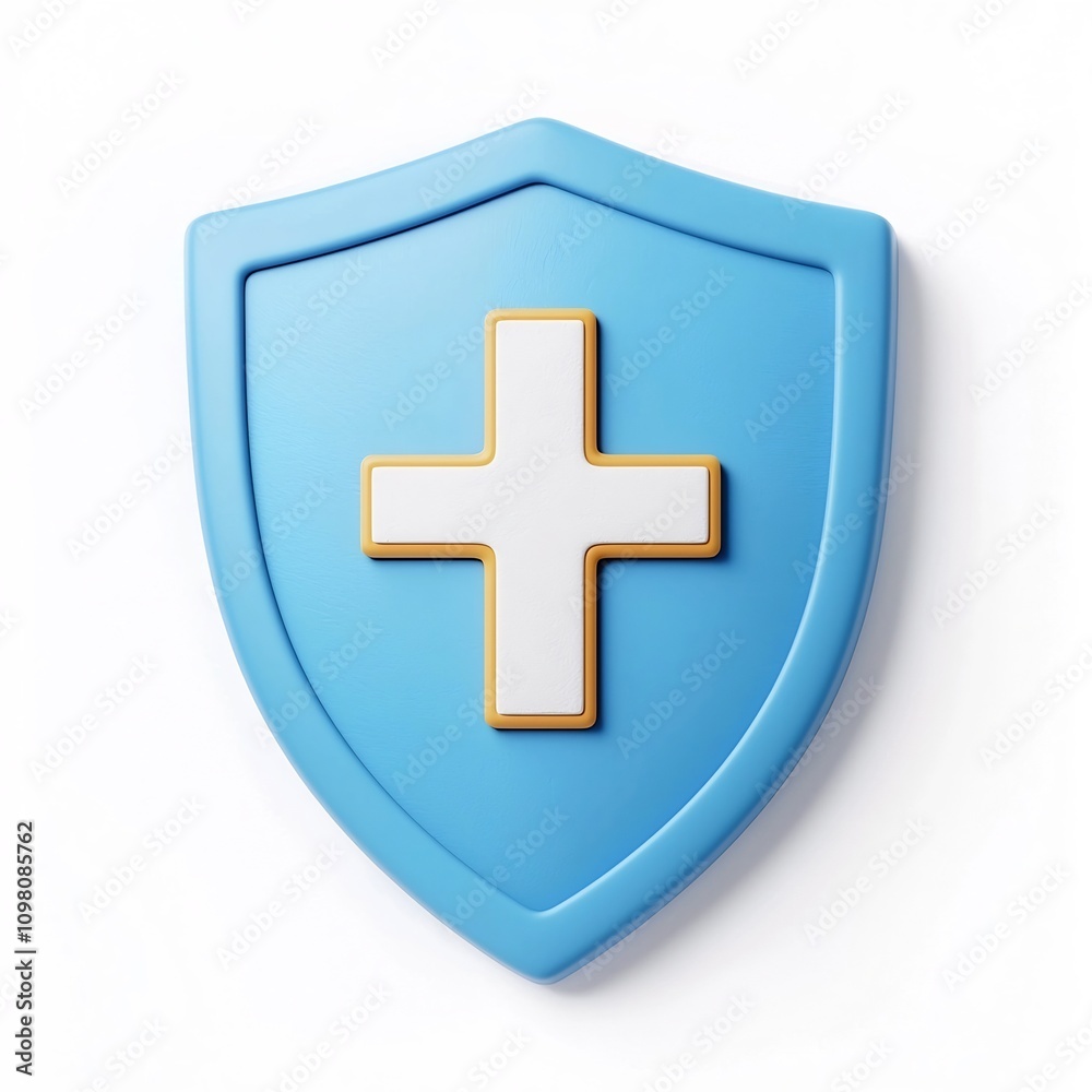 Fototapeta premium Minimalist Blue and White 3D Shield with Plus Icon Symbol