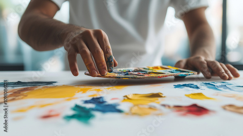 Artist Hands Holding Palette Creating Abstract Painting Close Up