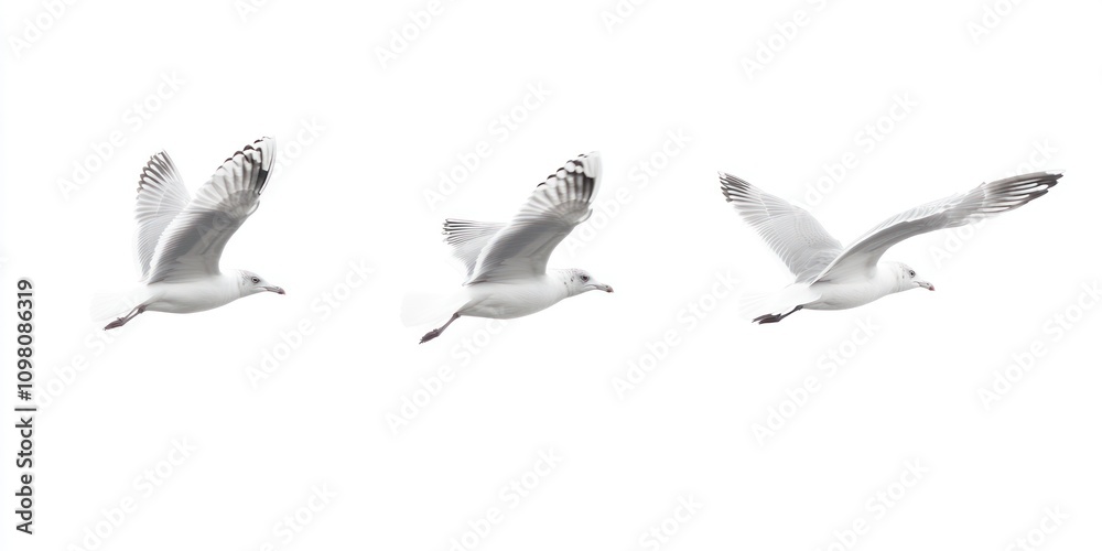 Obraz premium Three seagulls in flight against a white background.