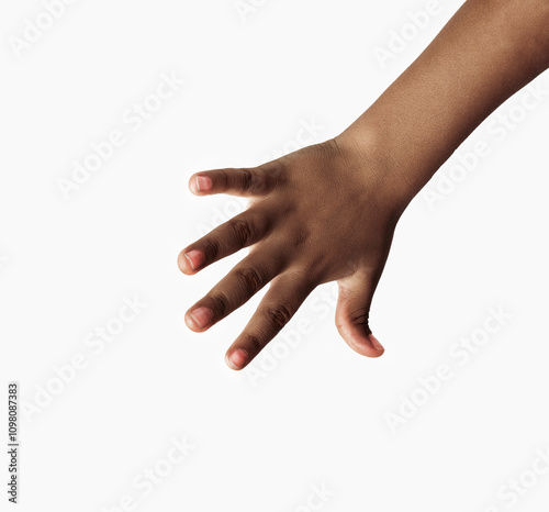 Child hand holding some like a blank object isolated on a white background photo