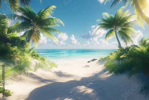 Secluded Beach Sun-Drenched Palm Fronds & Gentle Waves