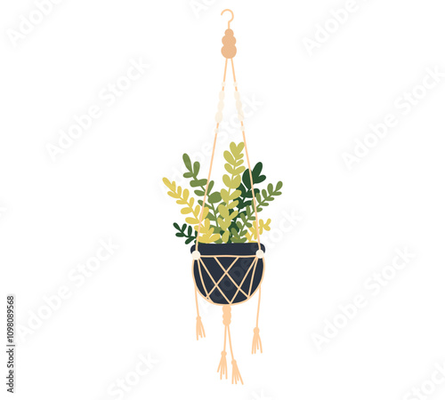 Macrame hanging plant in pot. Garden house indoor hanger flowerpot. Hanging home plant for interior decor. Vector flat illustration