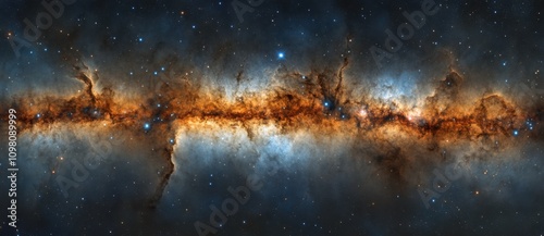 Astrophotographic panorama of the visible Milky Way galaxy, depicting stars, nebulae, and stardust in the night sky. photo