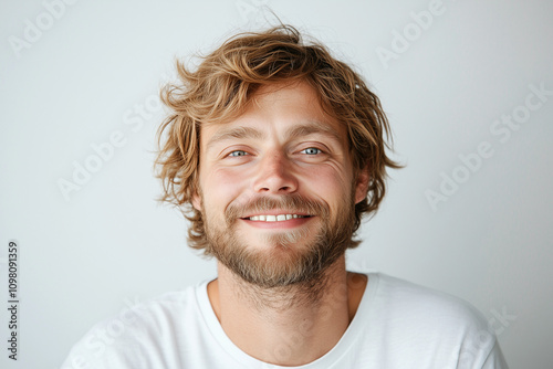 Portrait of a Young Male with a Bright Smile on a Solid Background