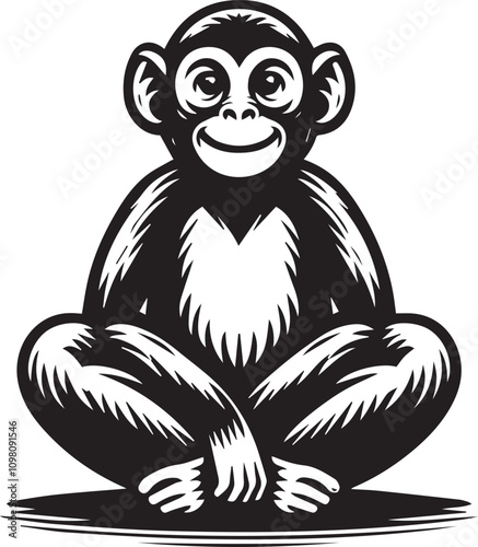 Cartoon Monkey in a Meditative Pose. A cheerful, cartoon monkey sits in a relaxed, meditative yoga pose.