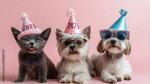 Cute dogs and cats celeberate 2025 Happy New Year ,Animal Party ,wear party hats, with 