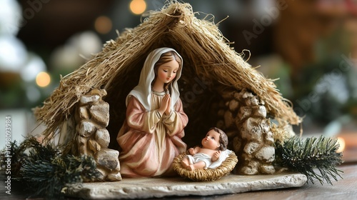 A beautifully crafted nativity scene featuring Mary in a prayerful pose beside Baby Jesus in a straw-filled manger. photo