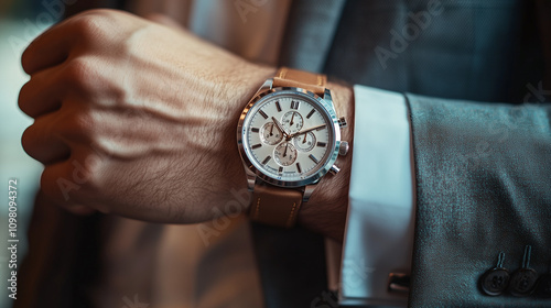 A refined gentleman checks the time on his elegant watch while dressed in a stylish navy blue suit at a sophisticated event