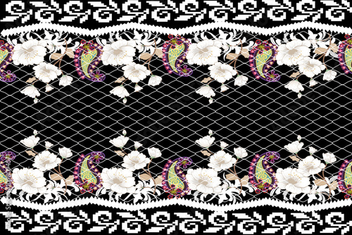 White lace pattern paisley seamless geometric, black mesh background, vector illustration, curtain, fashion clothing