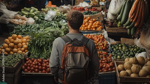 A traveler exploring exotic vegetables at a local market in a foreign country. photo