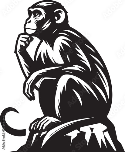 Thoughtful Monkey Silhouette in Monochrome Style. A black and white, stylized illustration of a monkey thoughtfully contemplating, sitting on a rock.