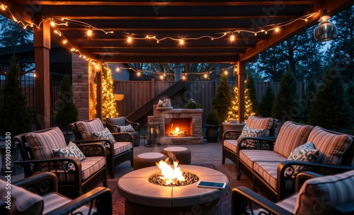 A cozy patio setup with outdoor furniture and a fire pit ready for an evening gathering under string lights christmas fireplace design holiday celebration decoration photo