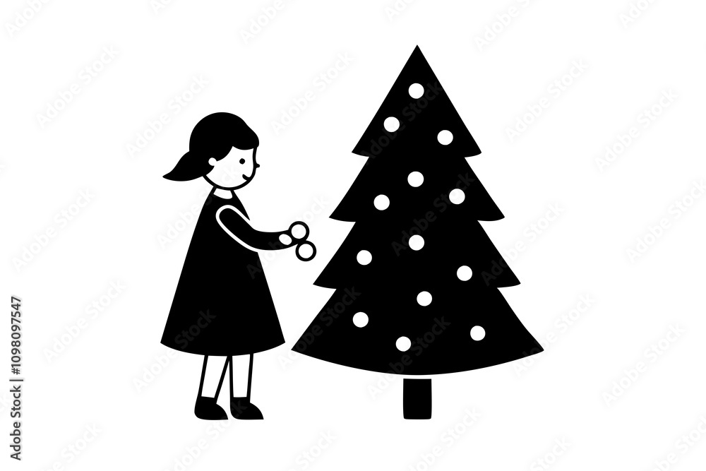 Fototapeta premium A cute girl decorates Christmas tree silhouette vector illustration