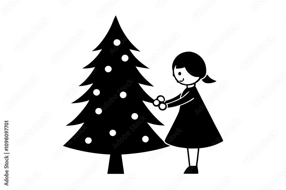 Fototapeta premium A cute girl decorates Christmas tree silhouette vector illustration