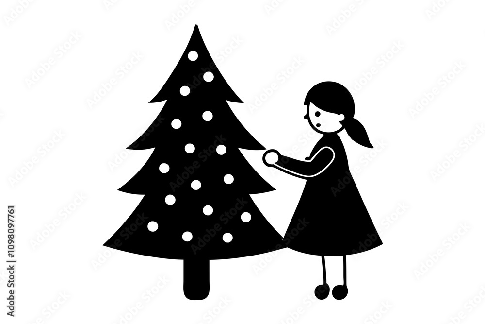 Fototapeta premium A cute girl decorates Christmas tree silhouette vector illustration