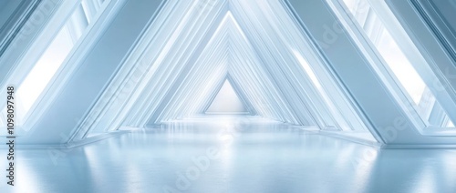 Light corridor that is long and empty. Modern white background. Futuristic sci-fi triangle tunnel. 3D rendering.