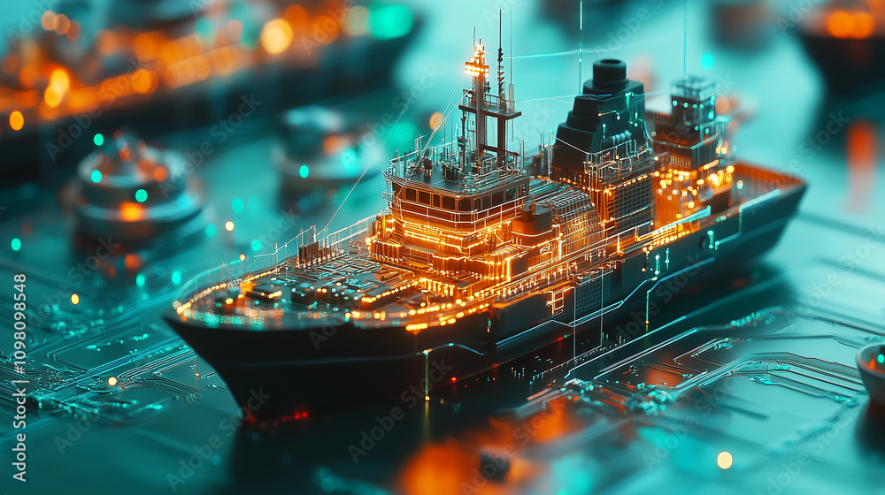 Obraz premium A futuristic ship illuminated by neon lights sailing through a digital ocean of circuit patterns at dusk near a cyberpunk city
