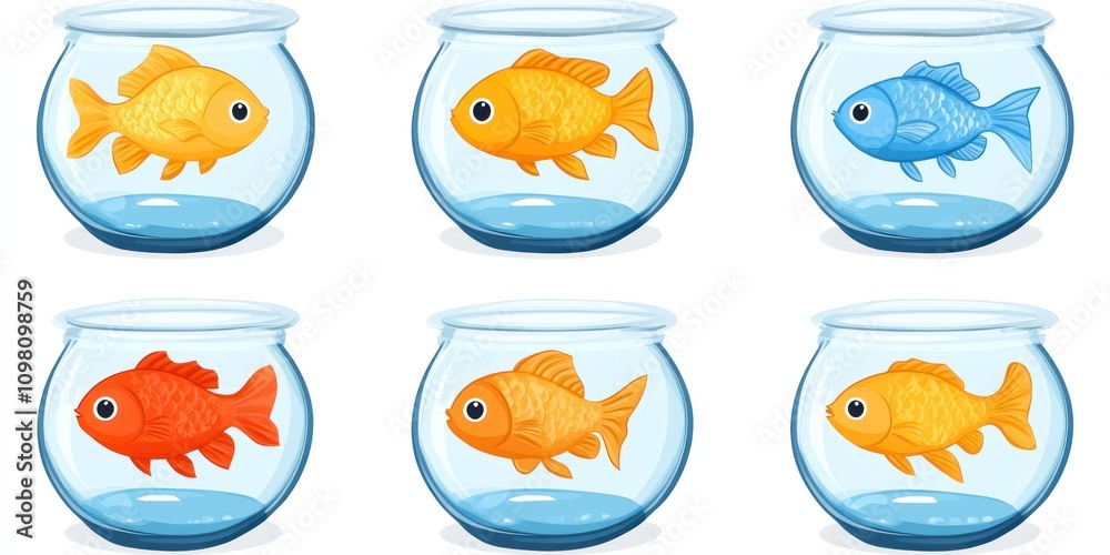 Fototapeta premium Six goldfish and one blue fish swimming in their individual glass bowls.
