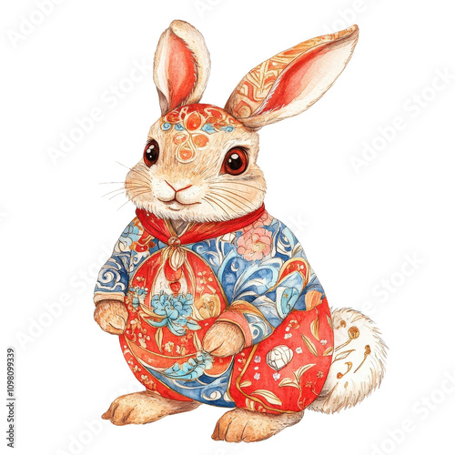 charming rabbit dressed in colorful, ornate outfit, showcasing intricate patterns and vibrant colors. This whimsical character embodies playful spirit and artistic flair