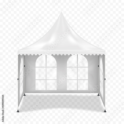 White blank pagoda canopy tent with back wall, side walls and clear windows on transparent background. Realistic 3d vector mockup. Pop-up gazebo, folding event marquee. Mock-up. Template for design