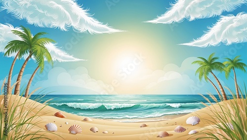 An animated sunny beach scene showcasing swaying palm trees, gentle waves hitting the shore, picturesque clouds, and seashells scattered on sandy foreground.