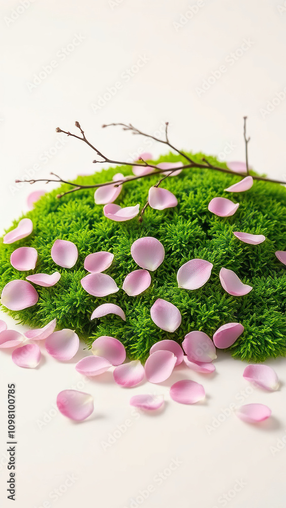 Fototapeta premium Pink sakura petals gently settling on a bed of moss, earthy tones, natural scenery
