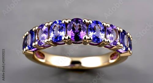 Amethyst and tanzanite eternity ring with alternating square and oval gemstones 
