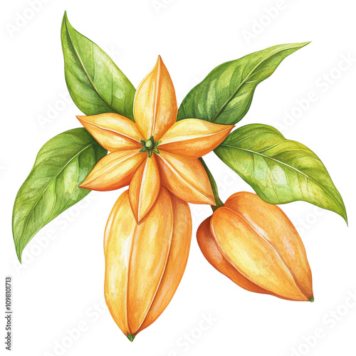 Bright orange star shaped fruit with green leaves, showcasing vibrant colors and intricate details, perfect for botanical illustrations