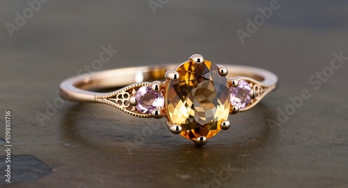 Citrine and morganite bypass ring with dainty filigree patterns on shank  photo