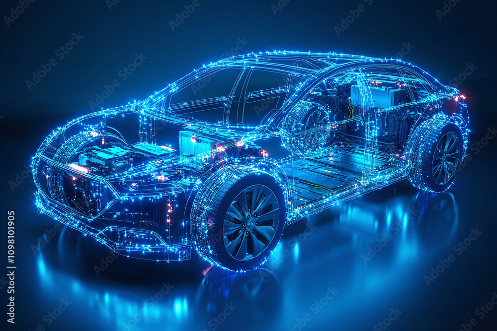 Naklejka premium Transparent visible battery and components blue wireframe of a modern electric car with lithium battery pack. 