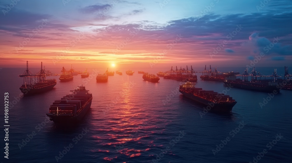 Obraz premium A serene sunset over a harbor filled with cargo ships, casting vibrant colors across the sky and reflecting on the water's surface.
