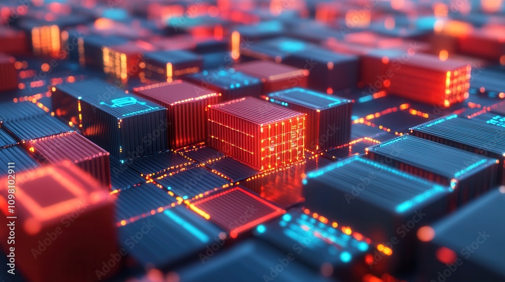 Obraz premium A vibrant, abstract representation of digital circuits and microchips, showcasing intricate patterns in red and blue hues.