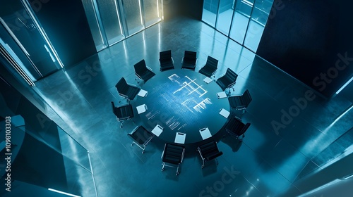 An overhead shot of the conference room with her booklet and its emerging 3D data being the central focus. photo